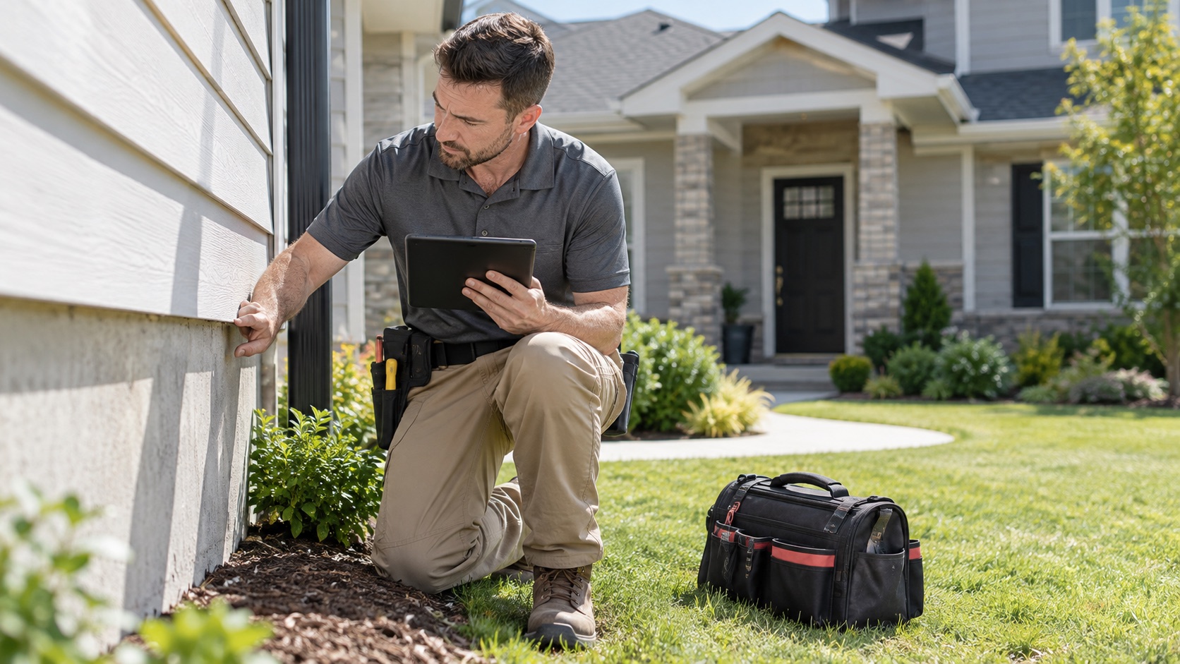 Certified home inspector reviewing a residential property with professional tools