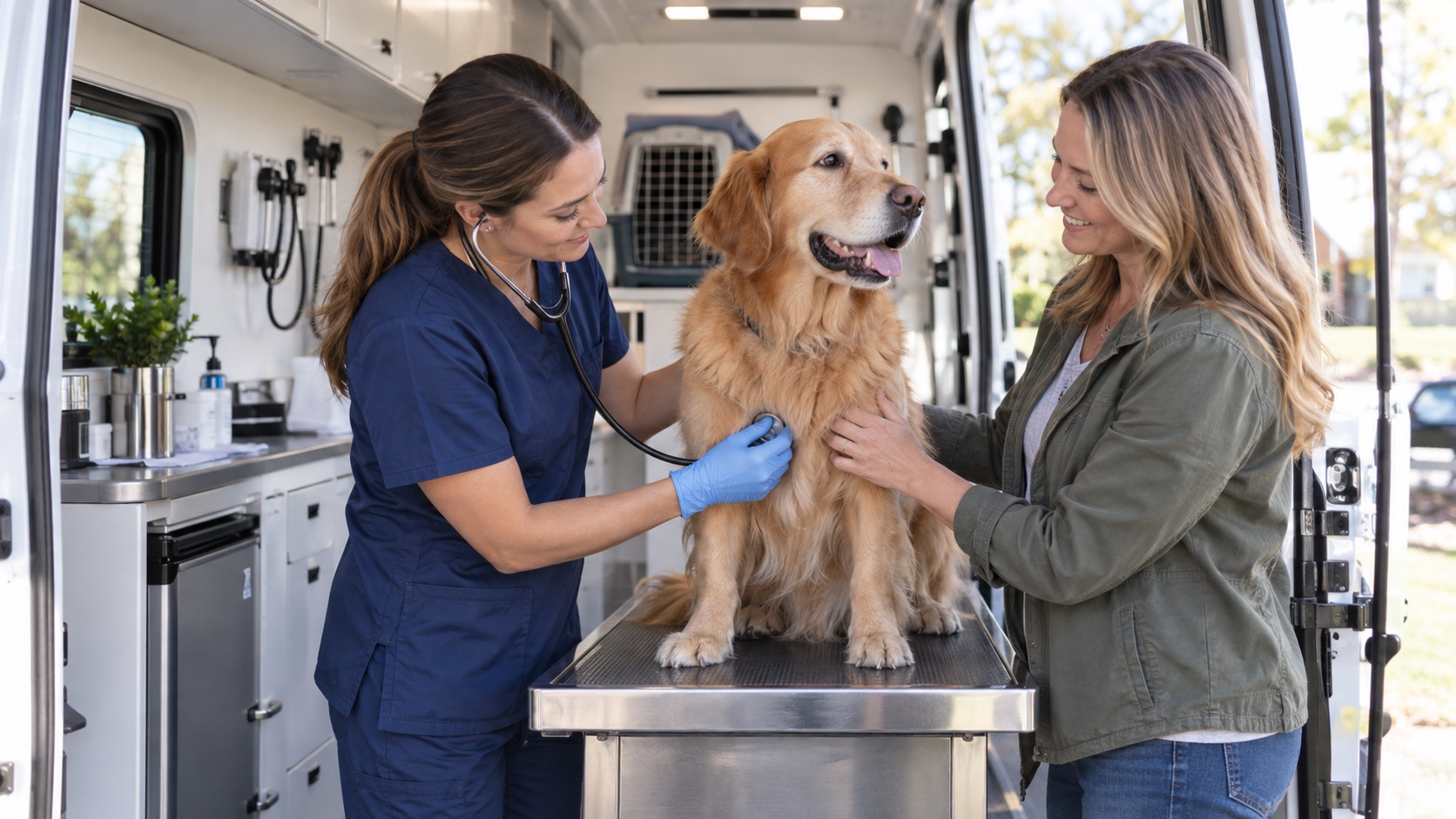 Mobile veterinary professional providing in-home care for a customer and pet