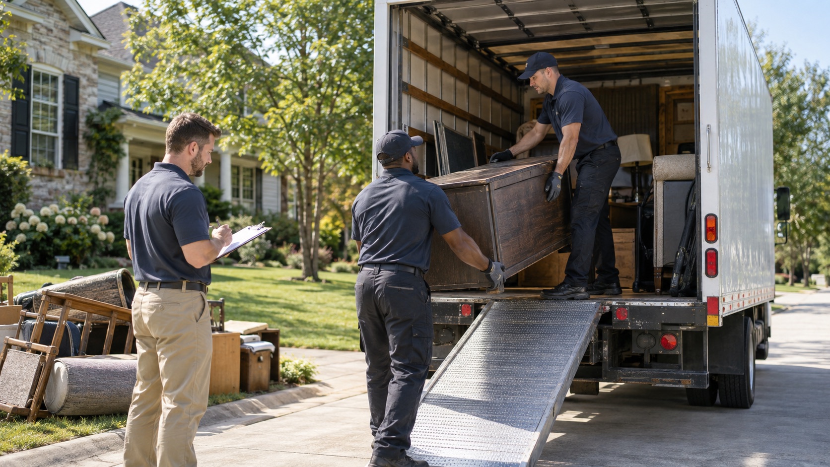 Junk removal crew loading a residential pickup into a clean box truck