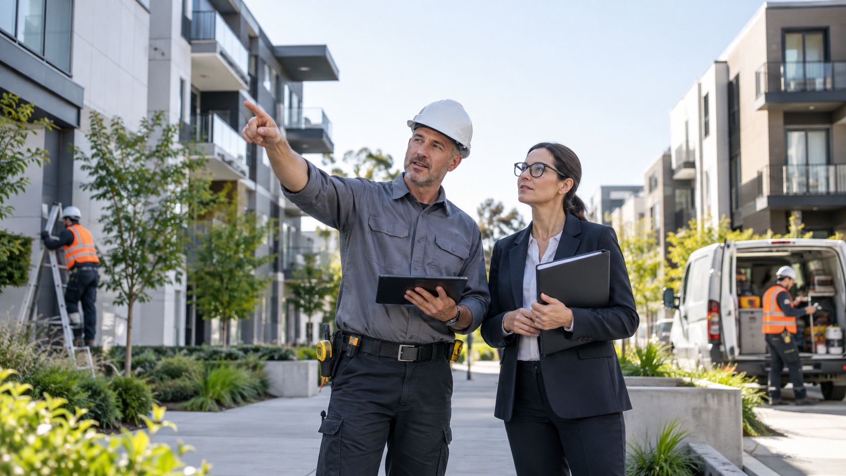 Property maintenance technician and facility manager reviewing a group of buildings