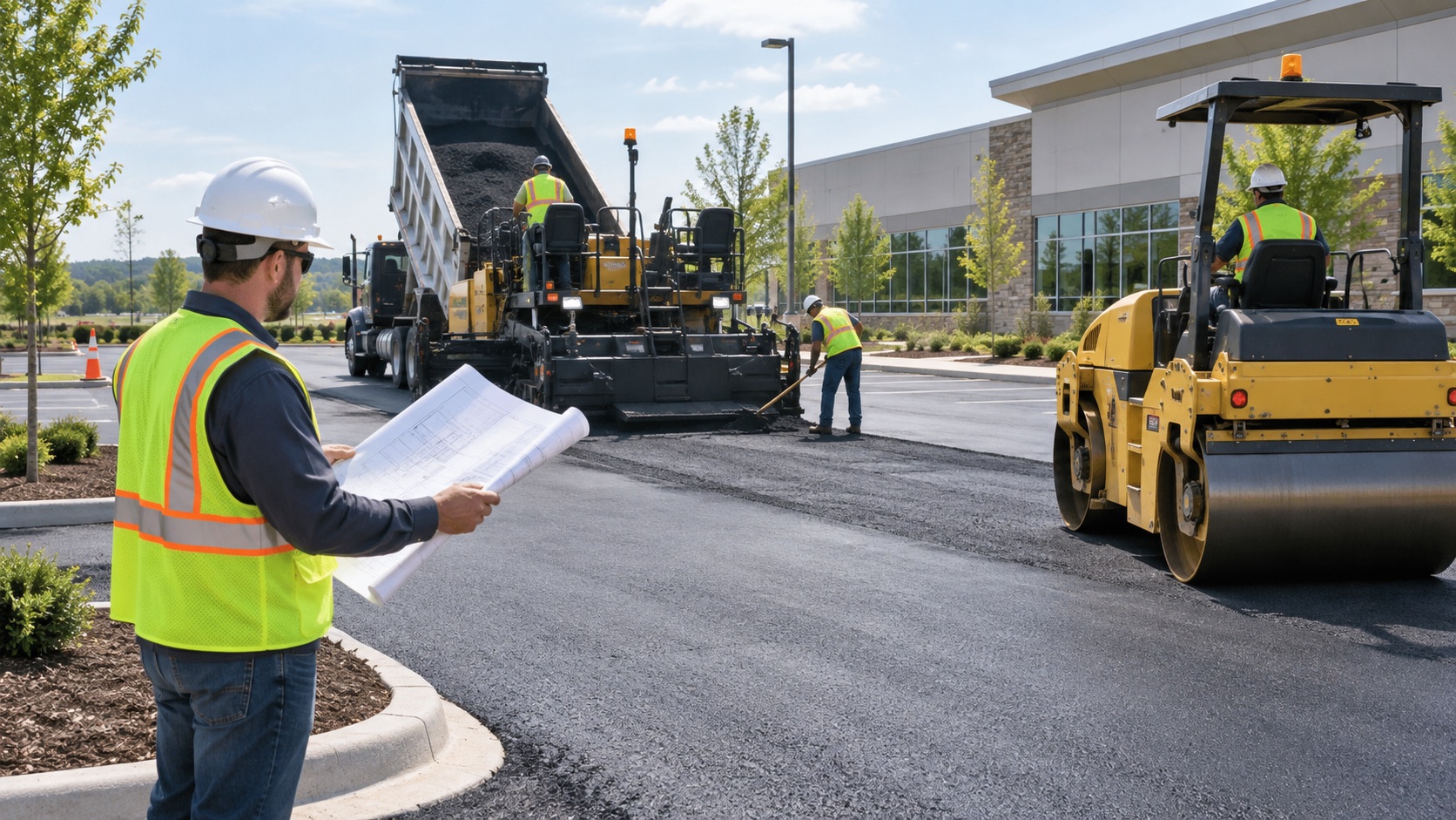 Asphalt paving crew resurfacing a commercial parking lot