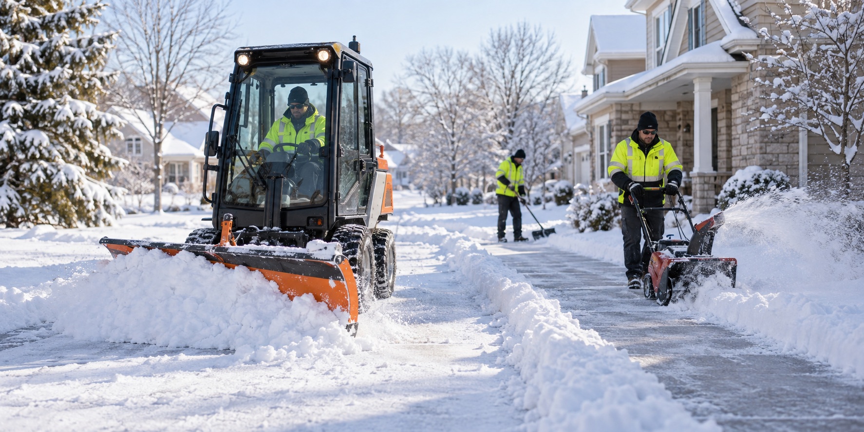 Snow removal crew clearing a residential neighborhood with compact plow equipment