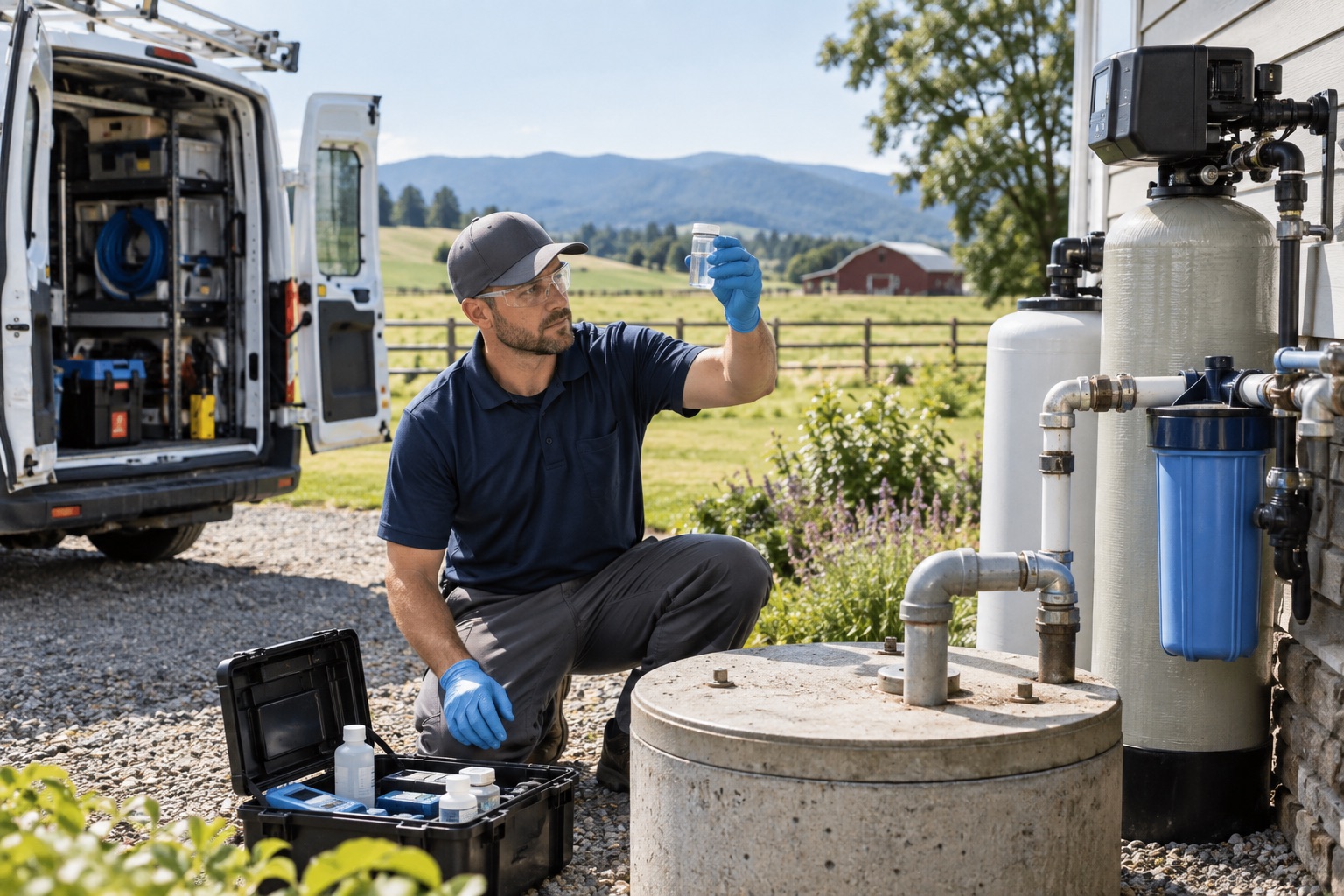 Water treatment and well service technician testing equipment at a rural home