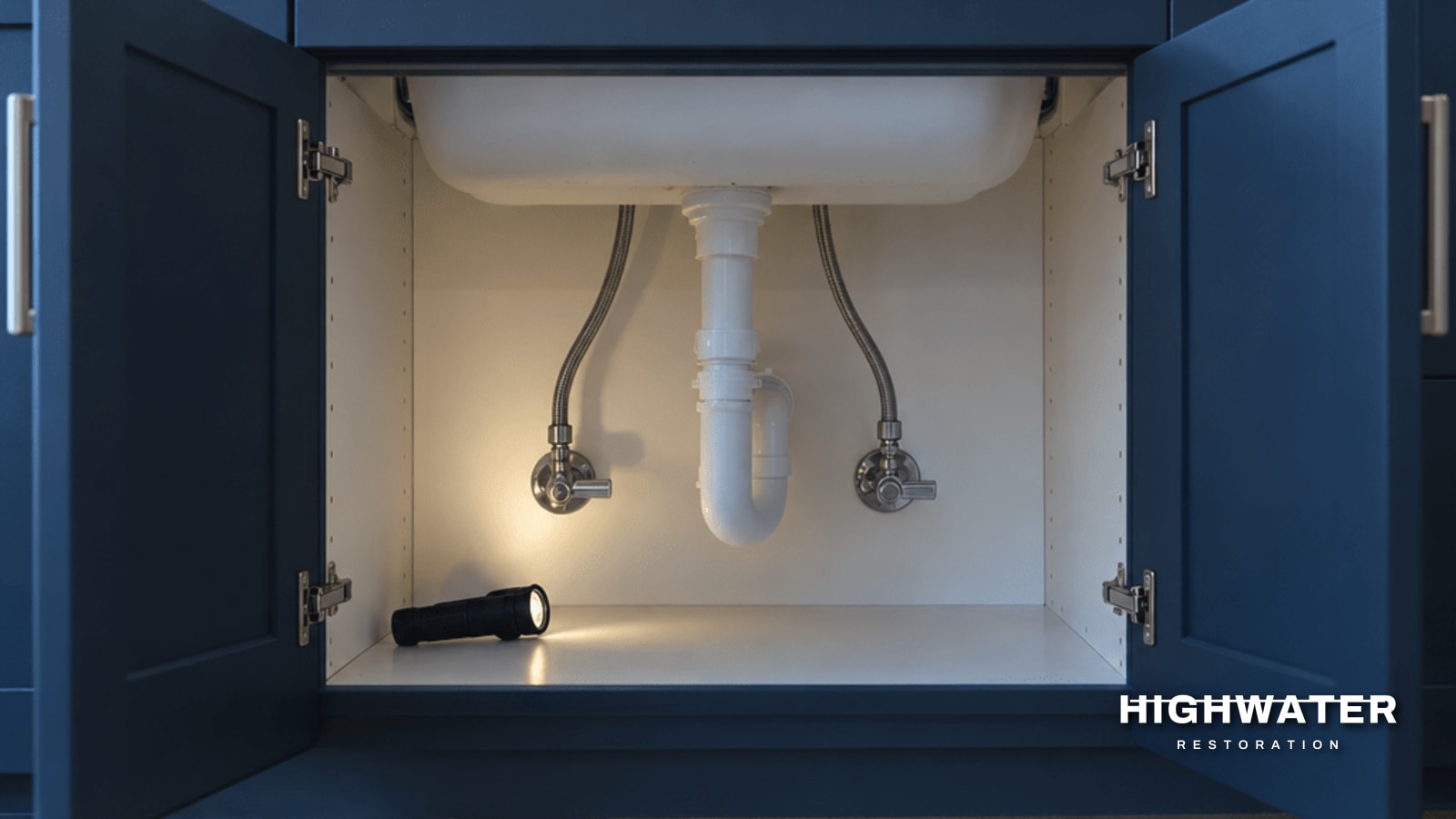 An open navy sink cabinet with two shut-off valves, braided supply lines and a small flashlight on the dry cabinet floor.