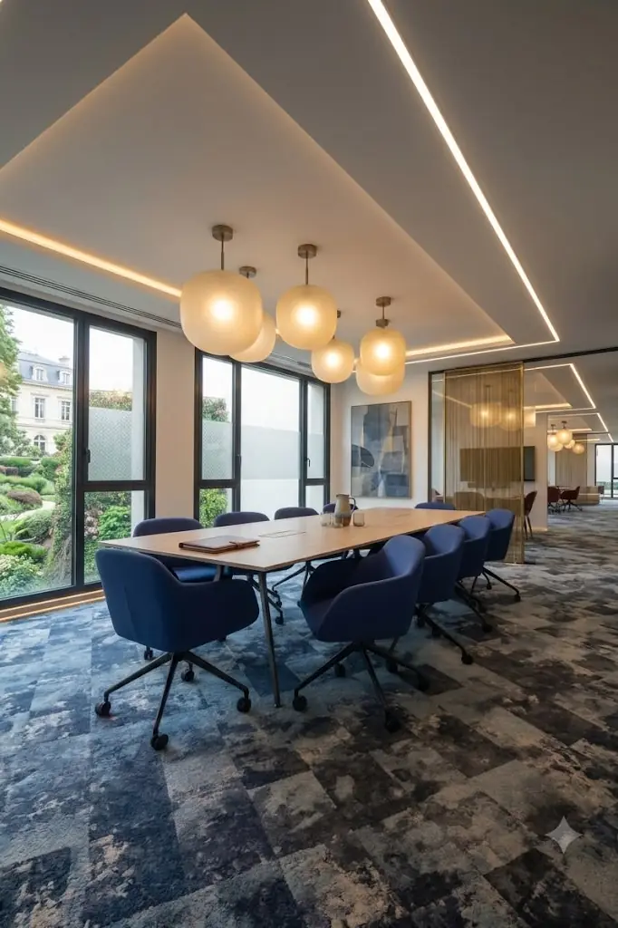 Salle de réunion d'entreprise équipée d'une moquette sombre