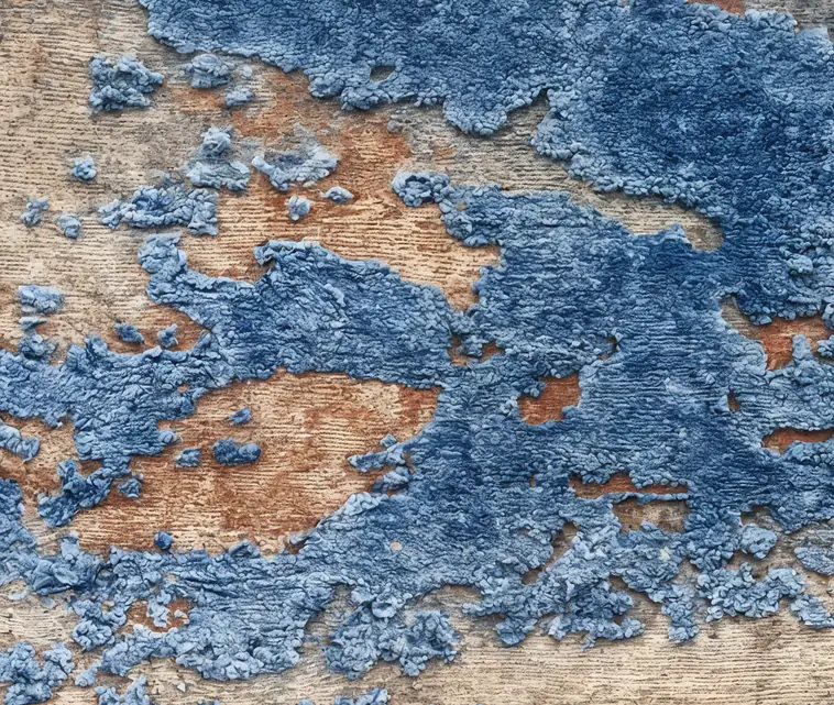 Gros plan sur une moquette bleue usée près d'un parquet