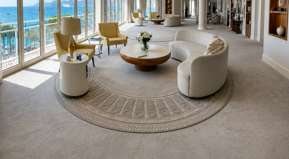 Salon d'un hôtel de bord de mer meublé de fauteuils jaunes et de canapés courbes, moquette et tapis clairs, baies vitrées ouvertes sur la Méditerranée
