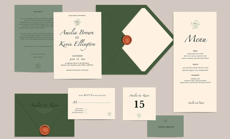 A printed wedding invitation suite