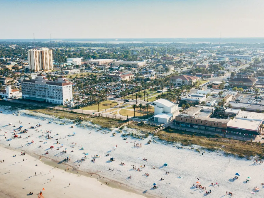Aerial view of a beachfront town and hotels along the Atlantic coast