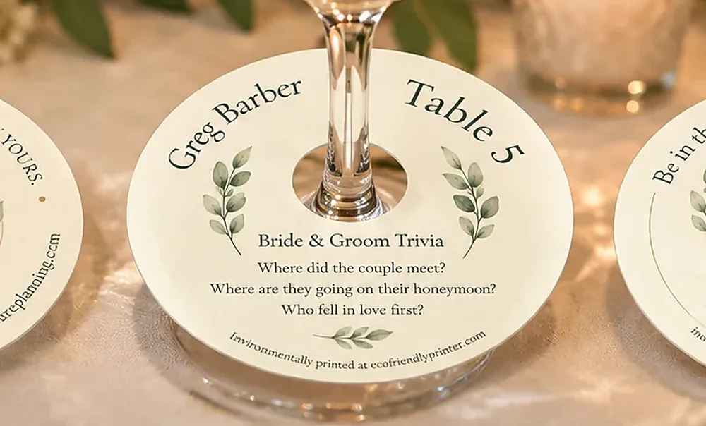 Wine glass place card coaster printed with a guest name, table number and wedding trivia