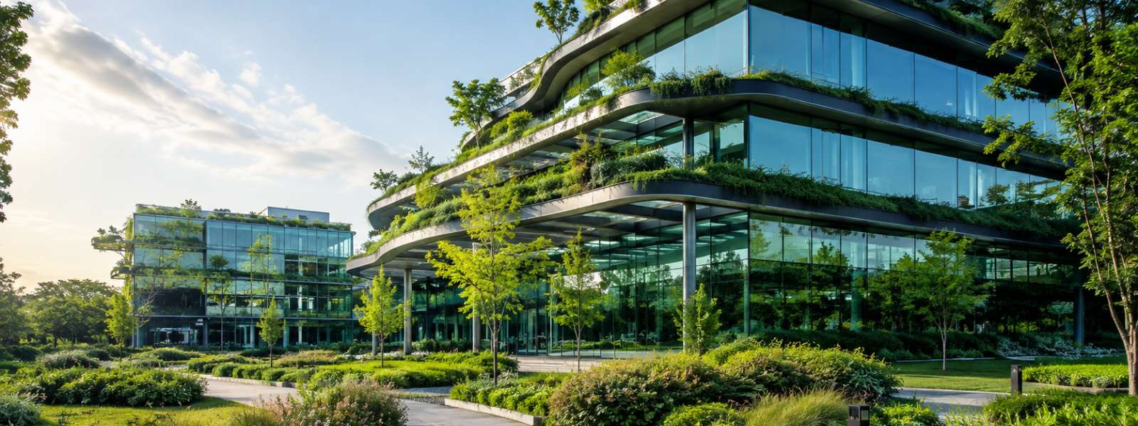 A low-energy office building set into planted grounds