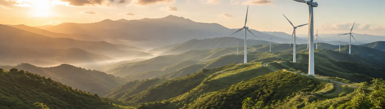 Wind turbines standing along green ridges above a valley in morning mist
