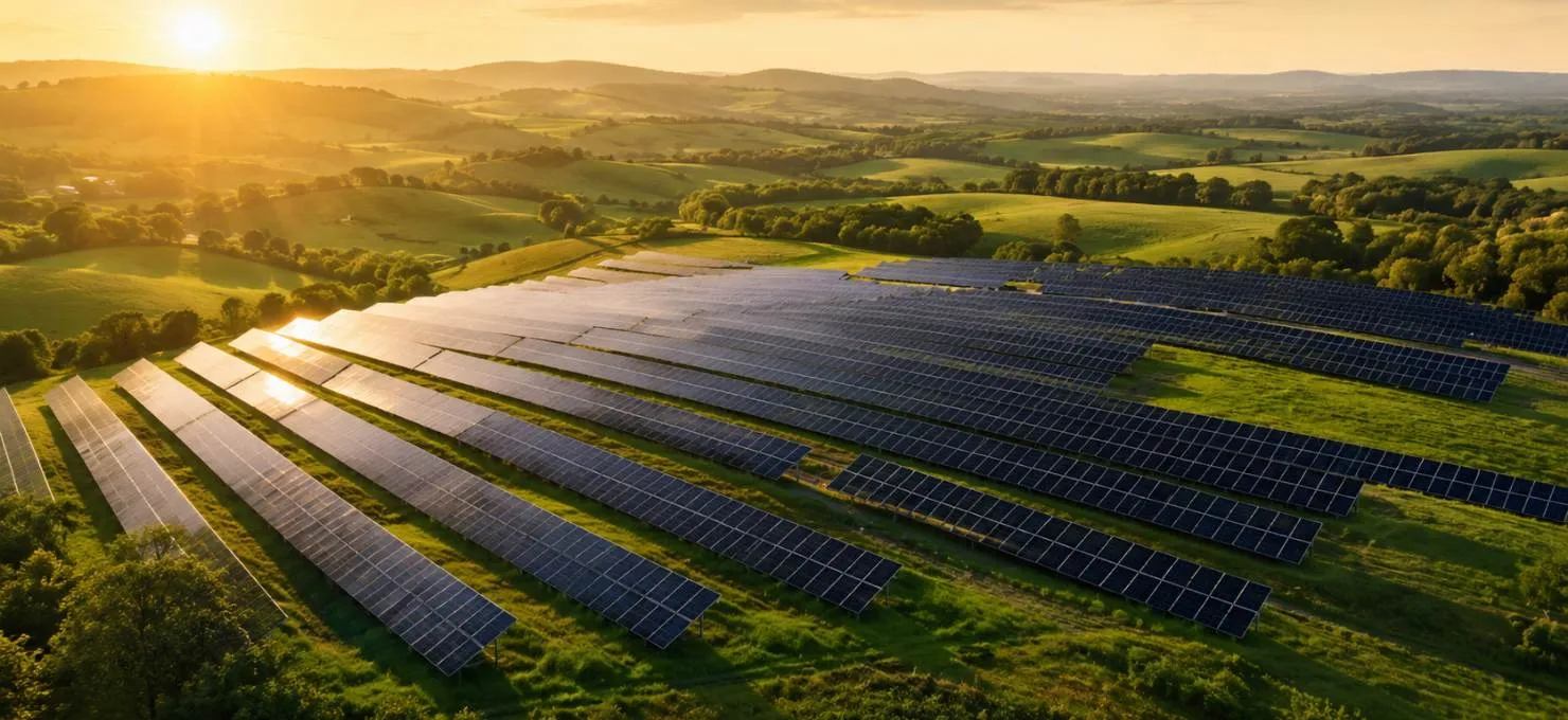 An aerial view of solar rows laid across open farmland at first light