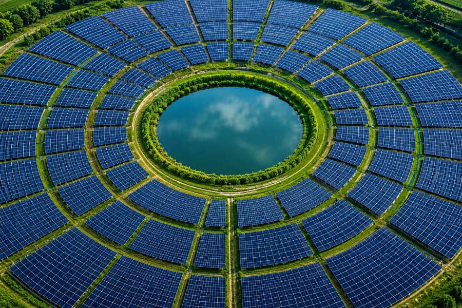 A circular solar array photographed from directly above, ringing a reservoir