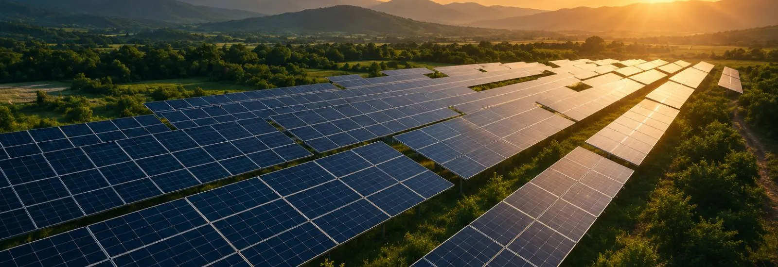 A utility-scale solar array running toward distant hills at golden hour