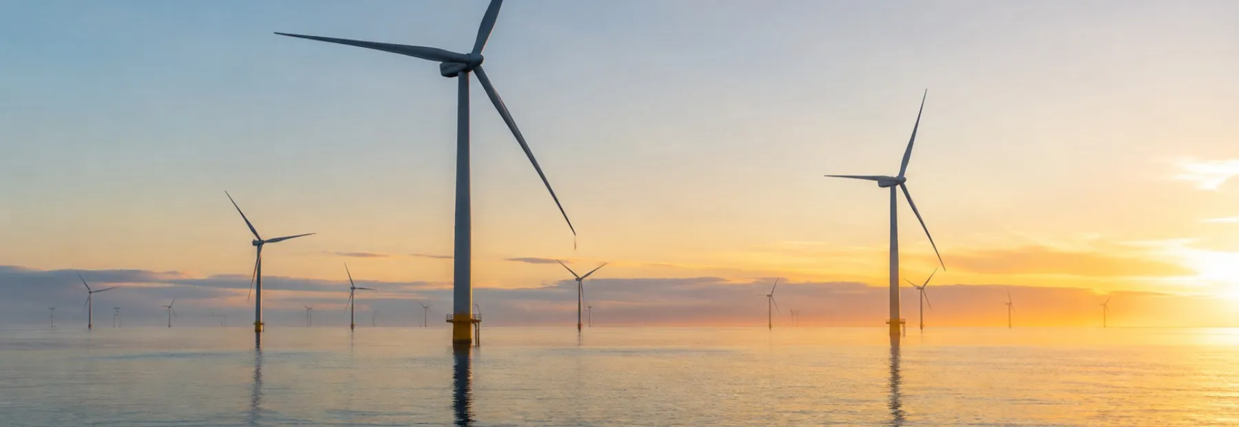 Offshore turbines standing in calm water at dawn