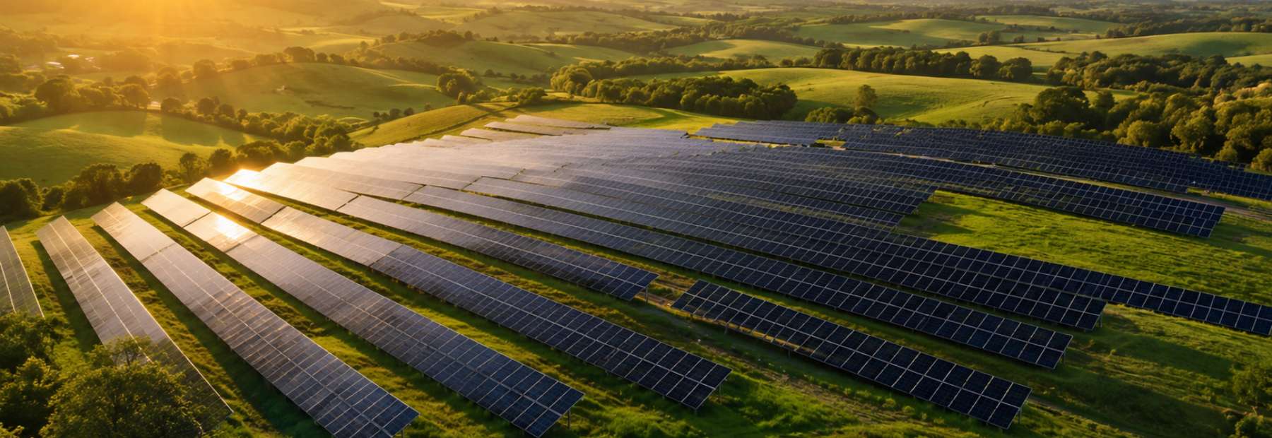 Rows of solar panels laid across rolling farmland at sunrise