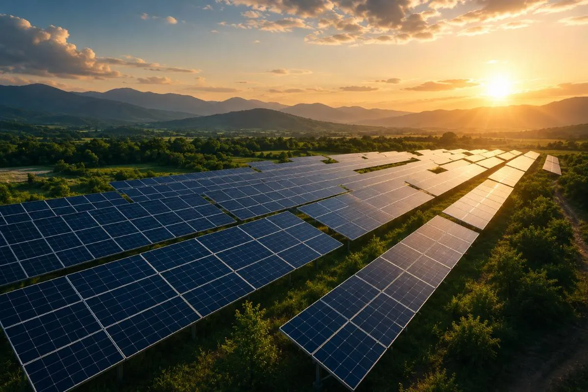 A utility-scale solar array running toward distant hills at golden hour