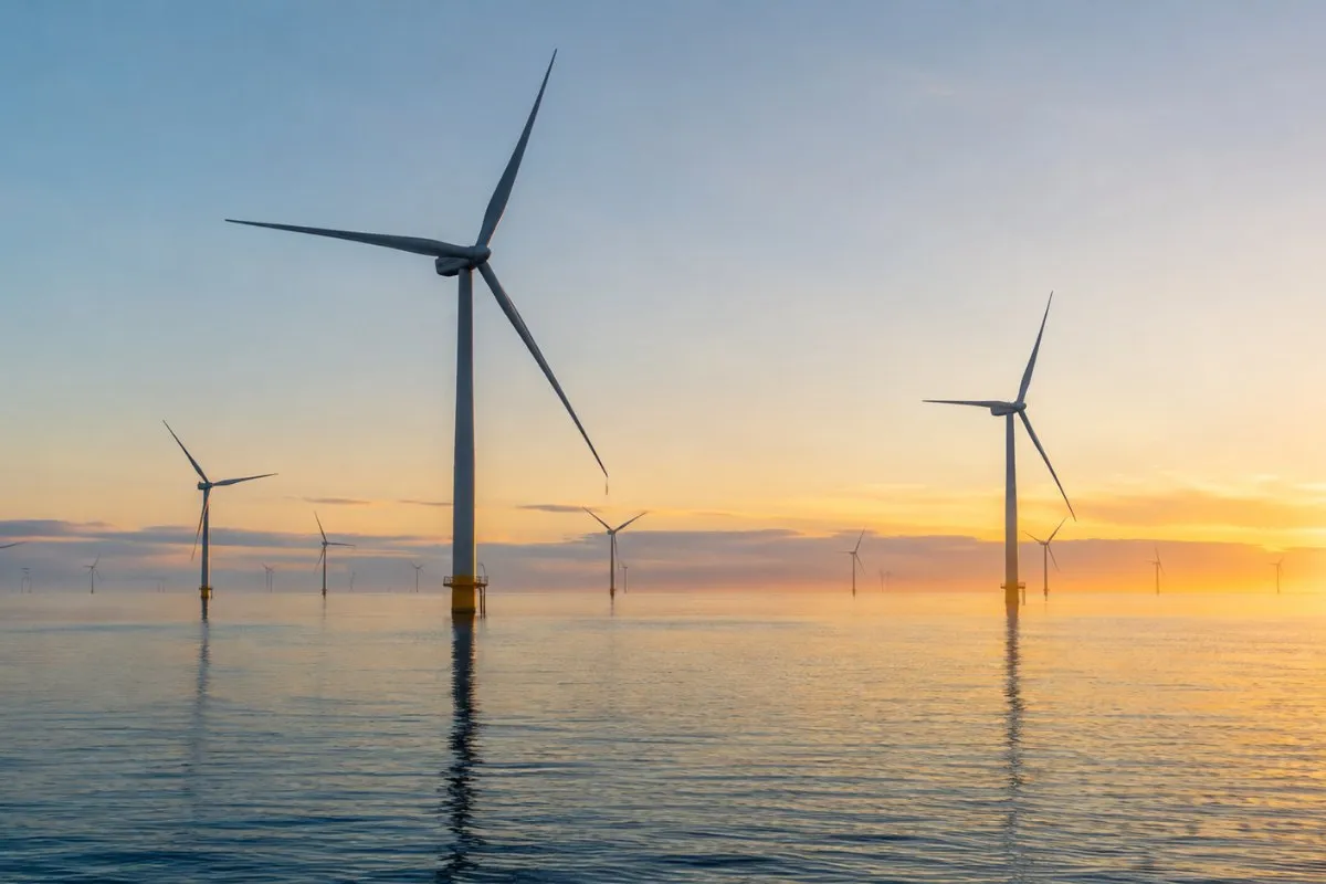 Offshore turbines standing in calm water at dawn