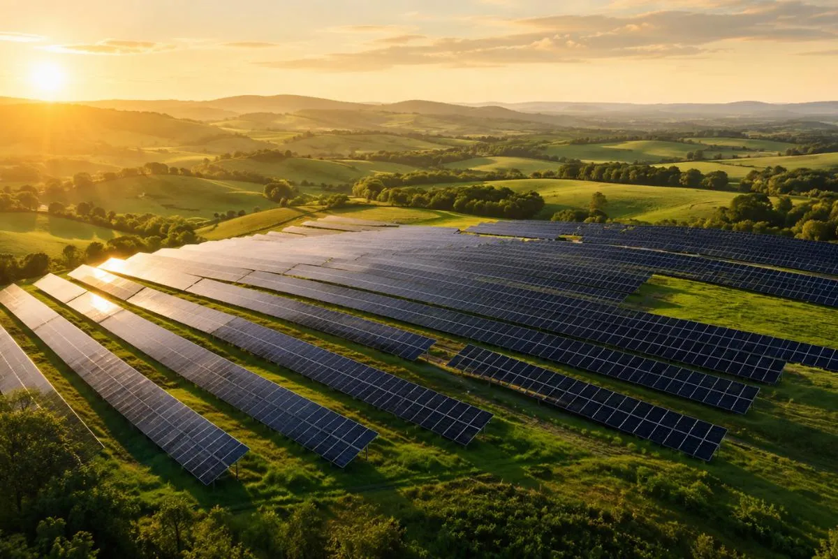 Rows of solar panels laid across rolling farmland, seen from the air