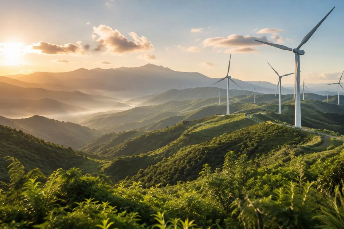 Wind turbines standing along green upland ridges at sunrise
