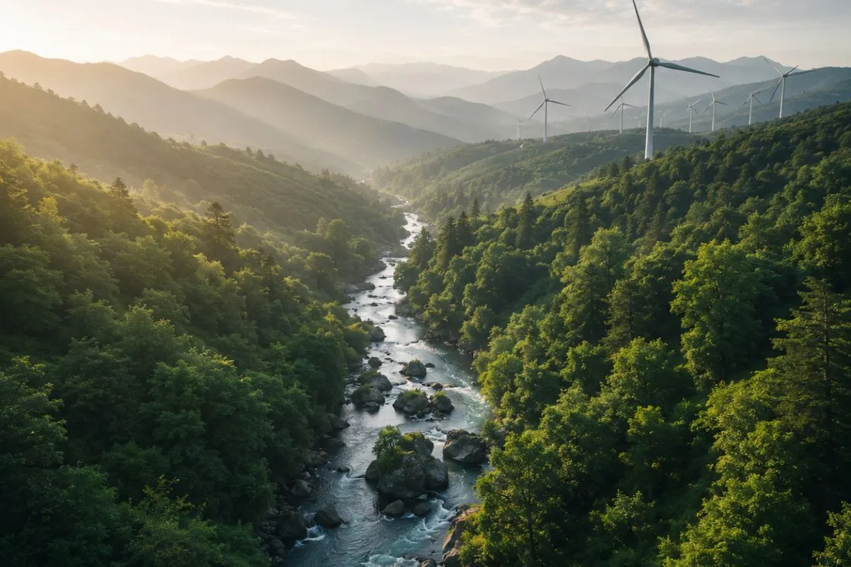 A wooded river valley with turbines standing on the far ridge
