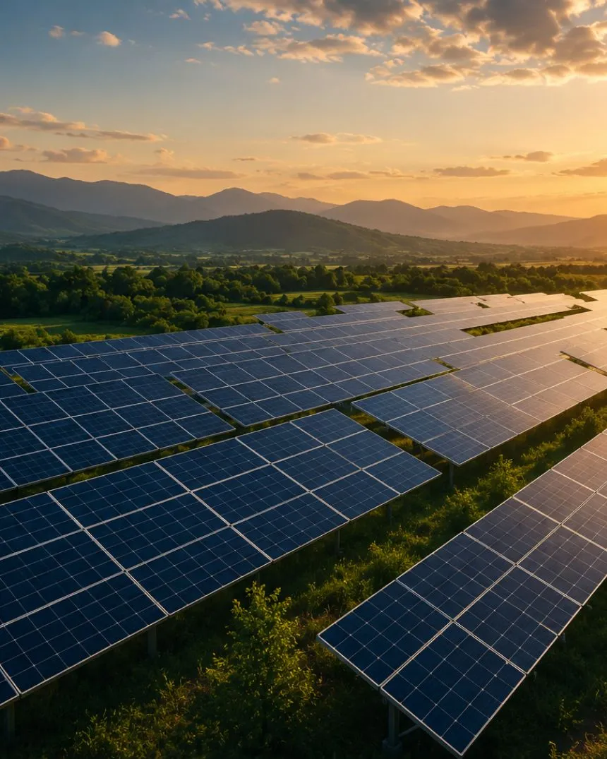 A utility-scale solar array running toward distant hills at golden hour