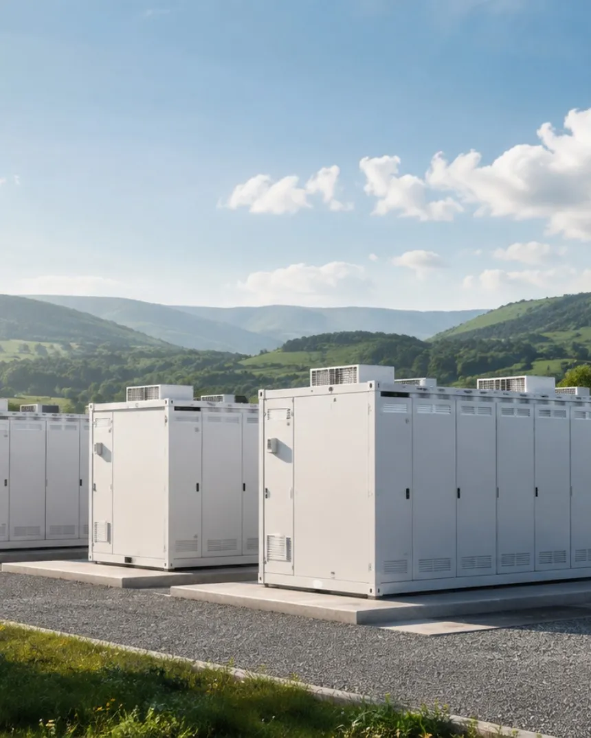 Grid-scale battery containers arranged in a field below a turbine