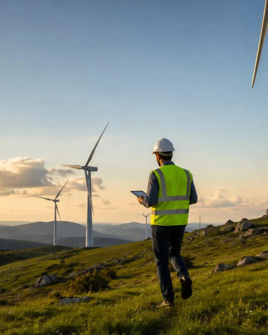 An engineer walking out to a turbine on open upland at dusk