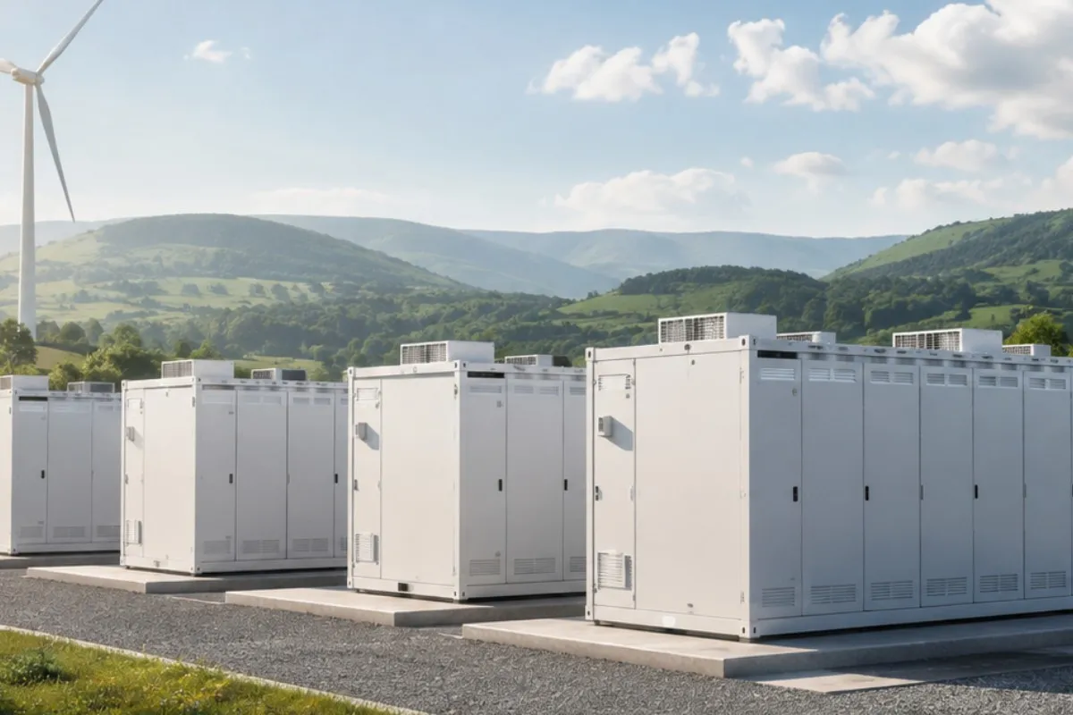 Battery storage containers in rows across a gravel yard beside a substation