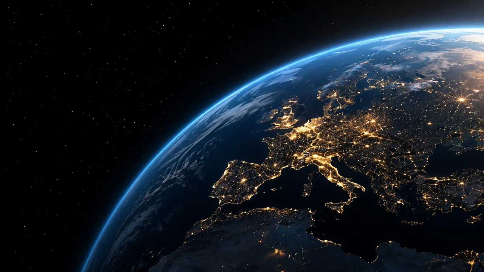 Europe seen from orbit at night, lit by the grid