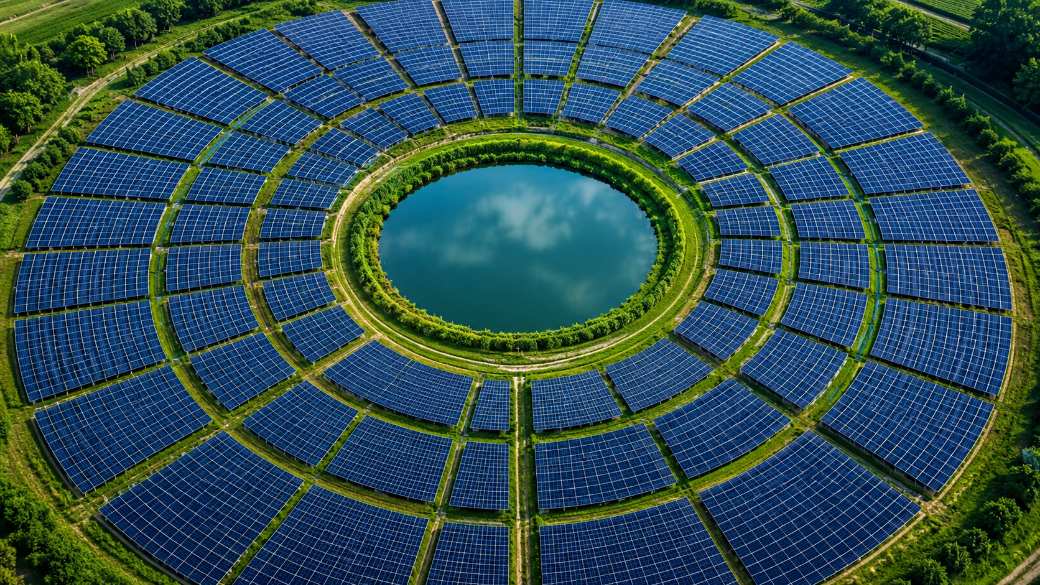 Rows of solar modules across an open field at low sun
