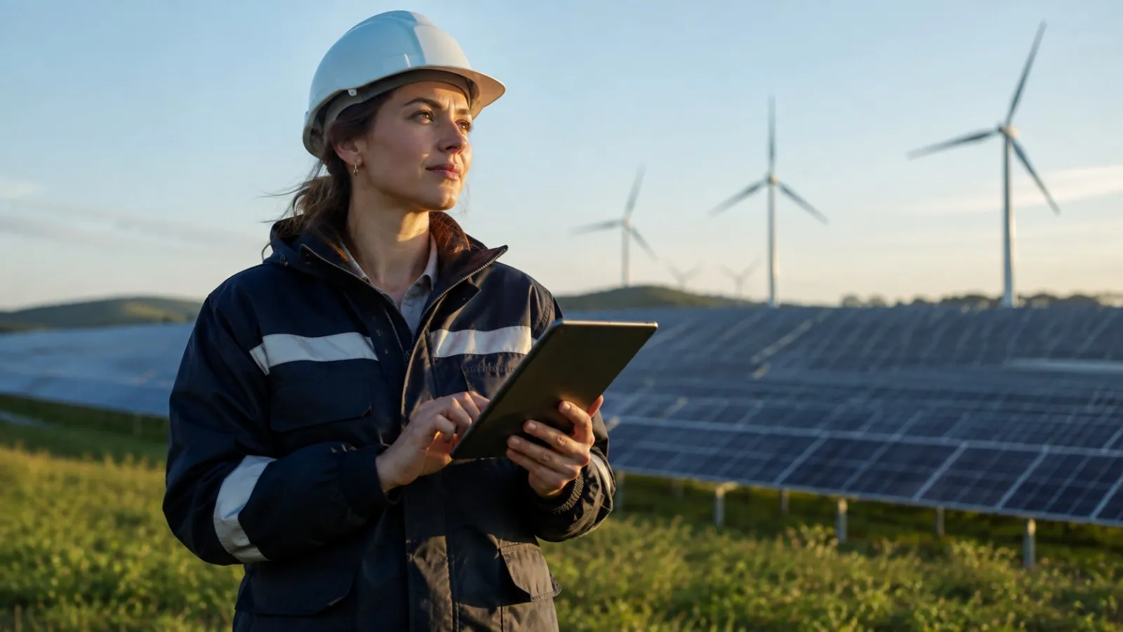 An engineer reading site instruments with turbines behind