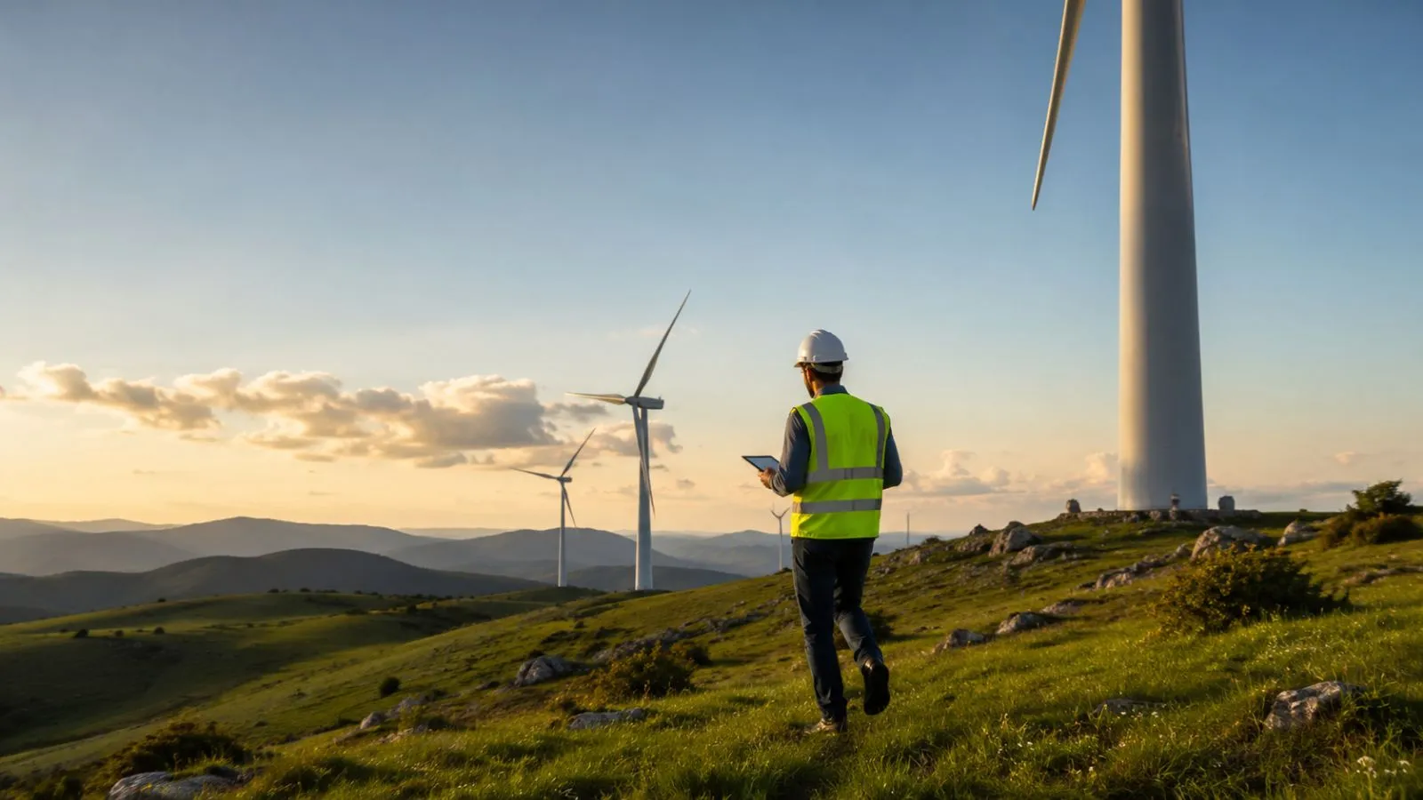An engineer walking out to an operating turbine