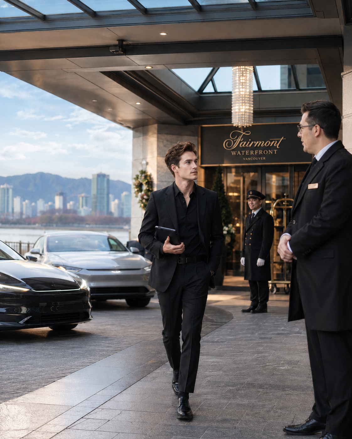 Carvue hotel vehicle delivery at a luxury Vancouver waterfront entrance