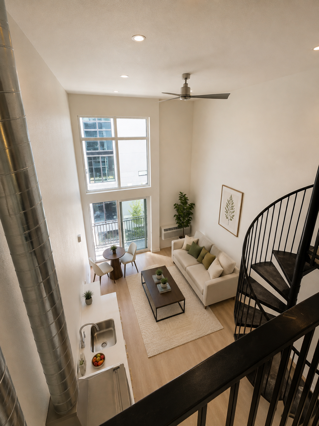 Loft at Esperanza - double-height living space seen from the mezzanine
