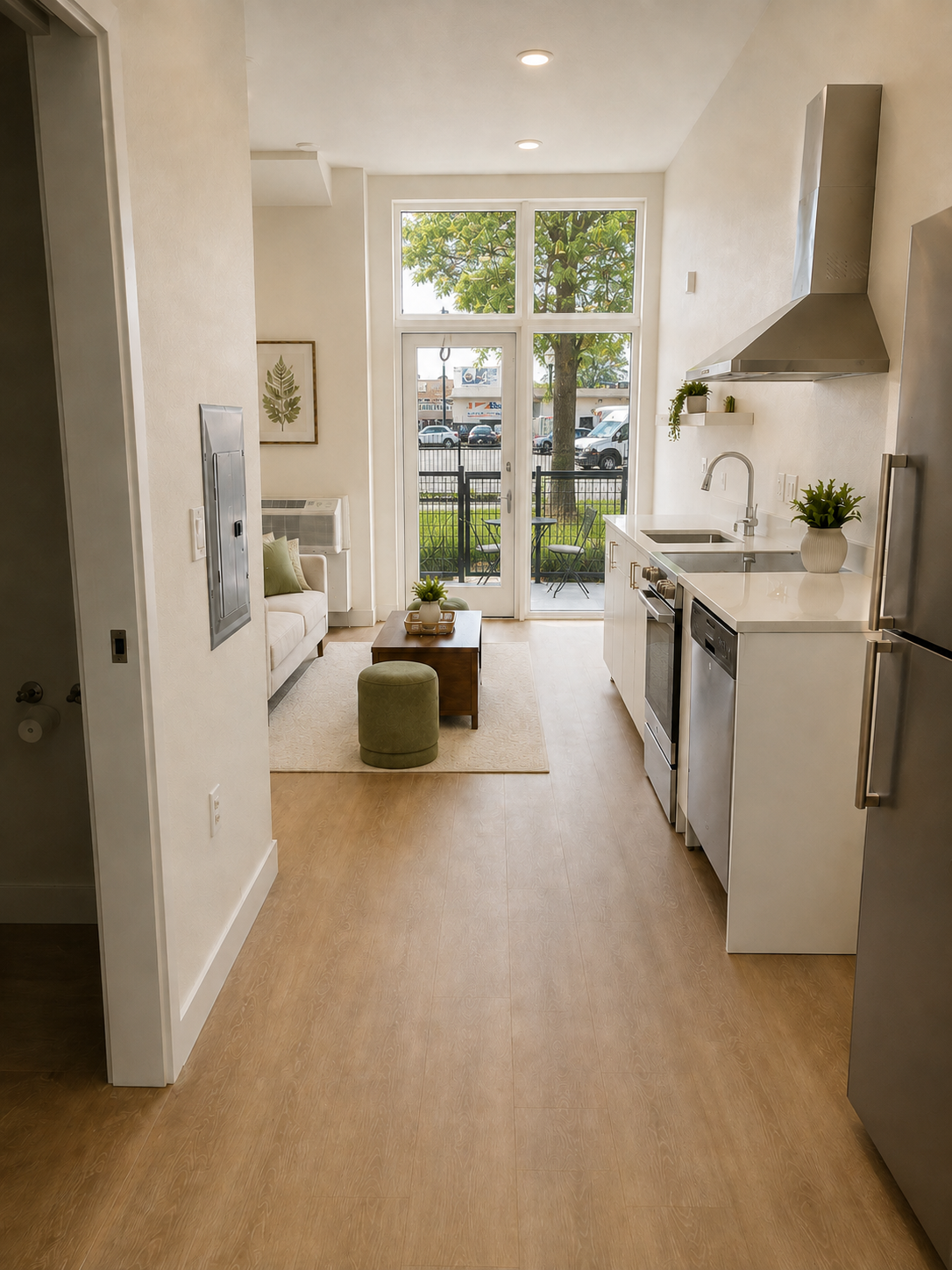 Galley kitchen toward the living area and patio