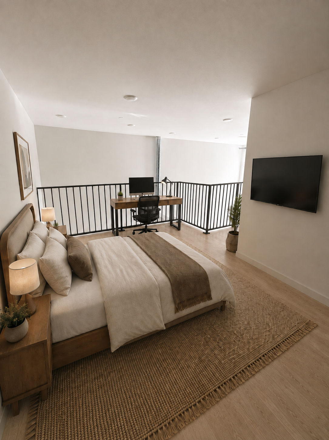 Mezzanine bedroom with desk area
