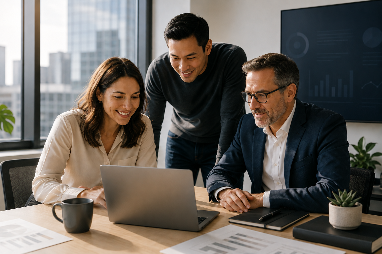 Executive team collaborating around AI and business strategy