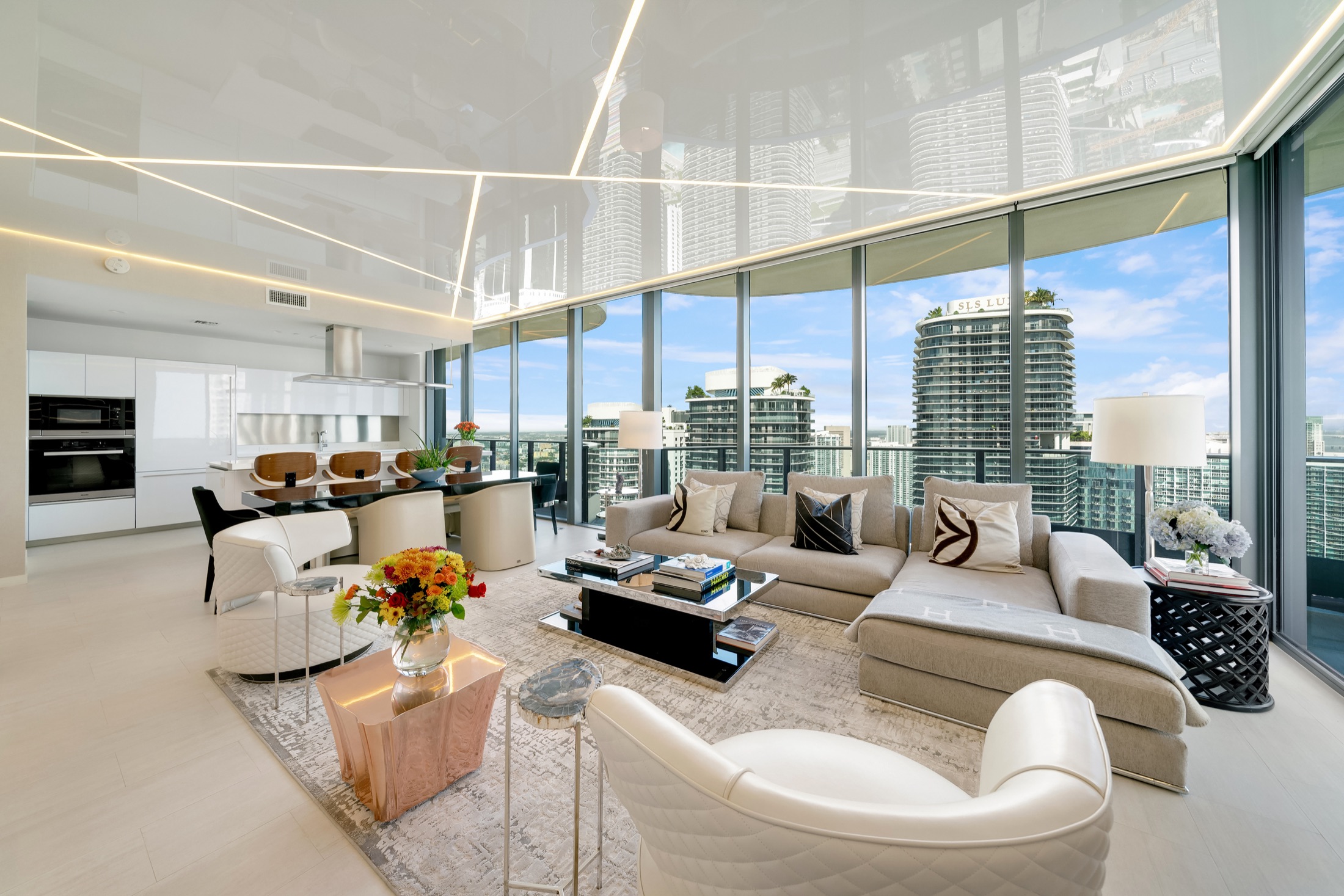 Penthouse light lines over living and kitchen