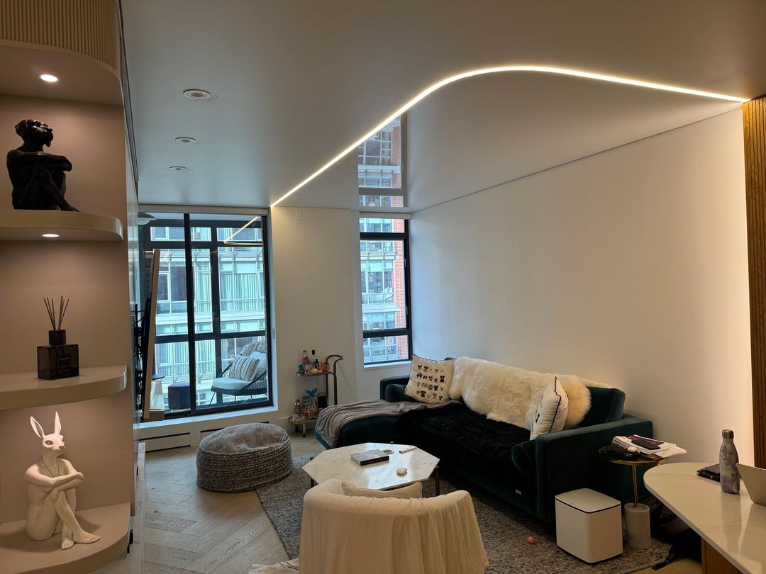 Linear LED light lines in a stretch ceiling