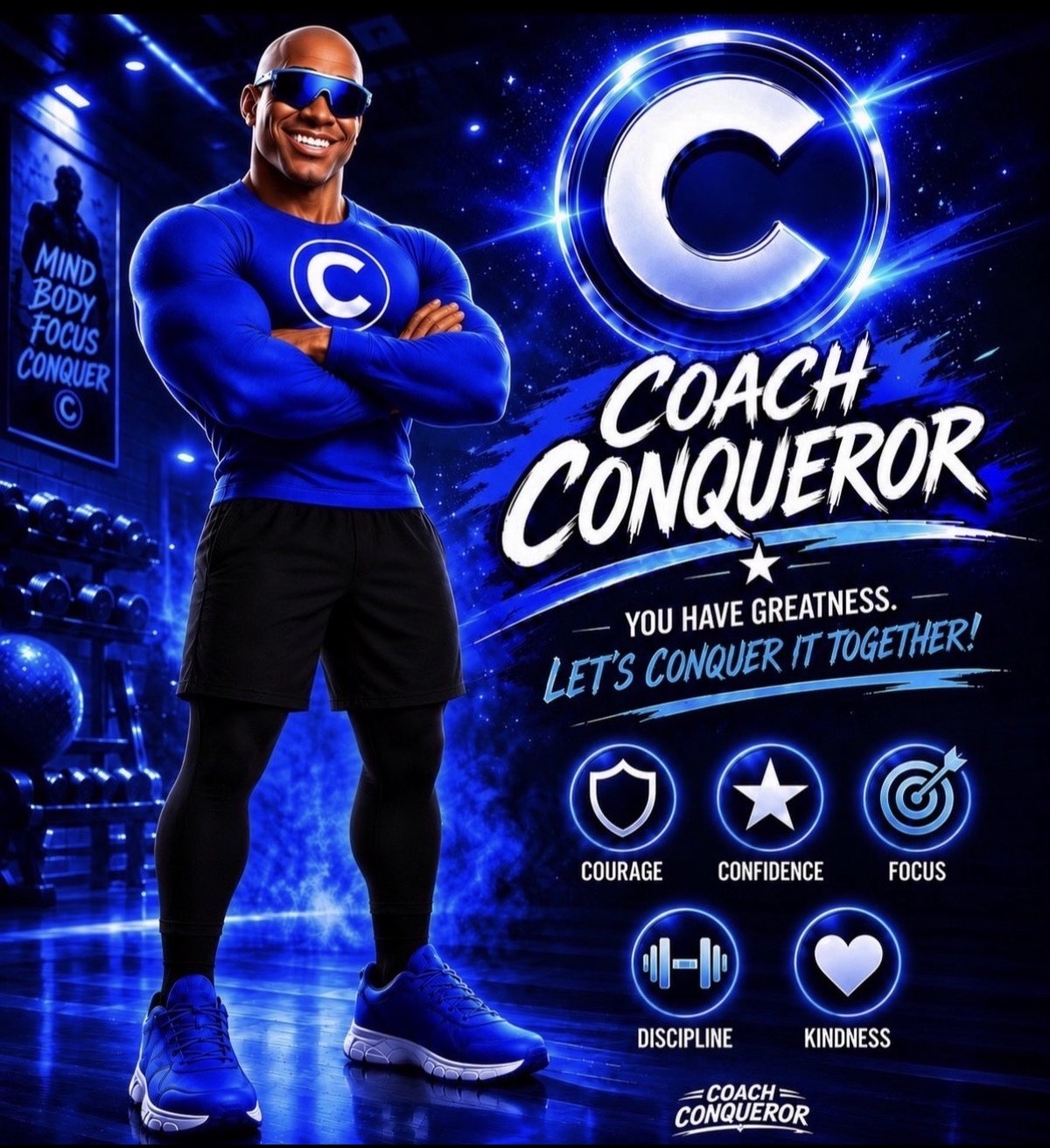 The animated COACH CONQUEROR character with the values courage, confidence, focus, discipline and kindness