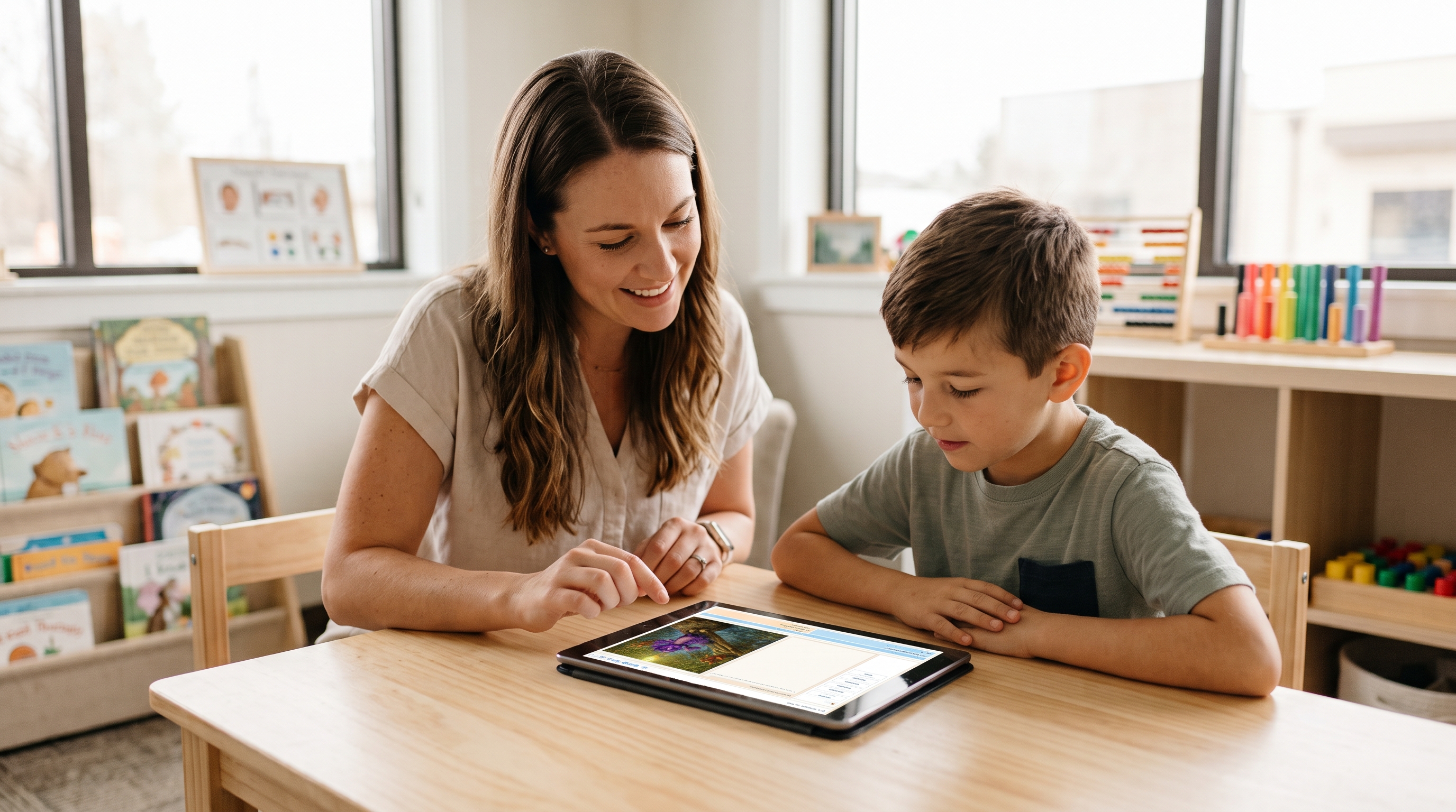 A parent reading a picture book together with their child on a couch