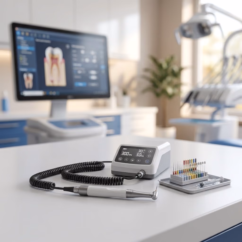 Rotary endodontic equipment with an electric dental handpiece and root canal instruments arranged on a countertop in a dental clinic.