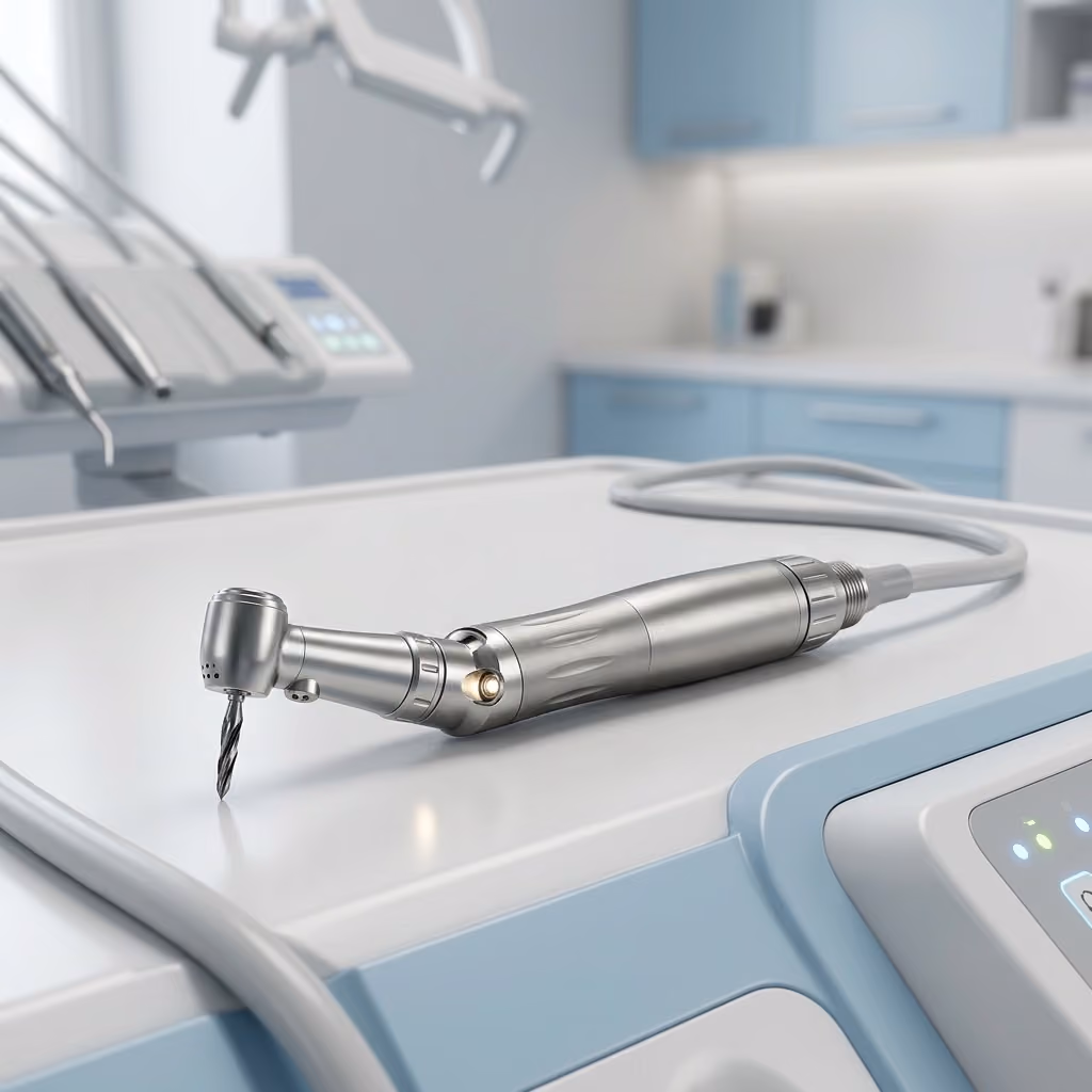 Electric dental handpiece with a drill attachment displayed on a countertop in a modern dental treatment room.