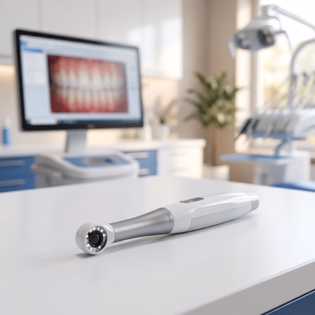 Intraoral dental camera on a countertop with a monitor displaying a digital image of teeth in a modern dental clinic.