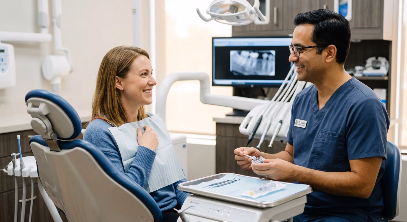 Dentist discussing dental care with a smiling patient in a modern dental treatment room.