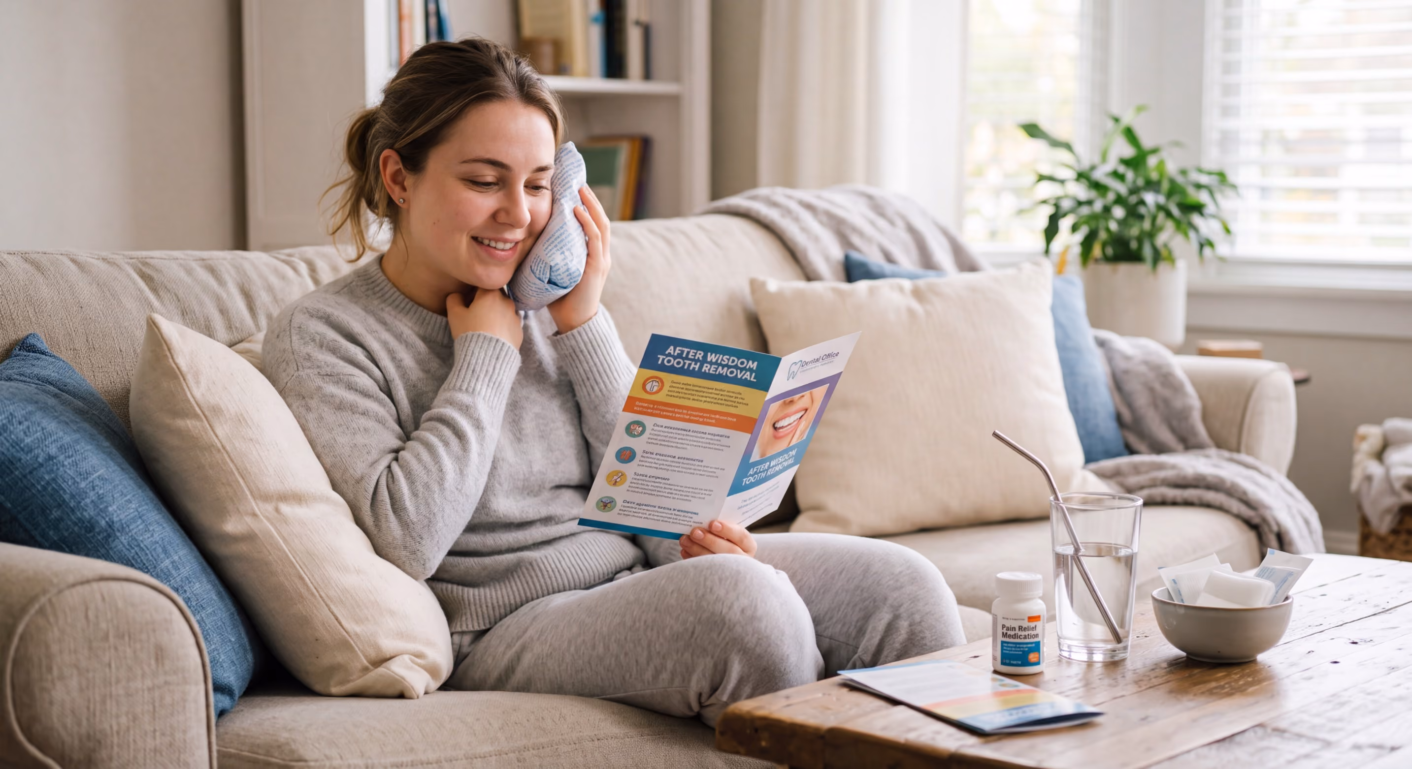 Woman sitting on a sofa at home, holding a brochure and smiling while relaxing.