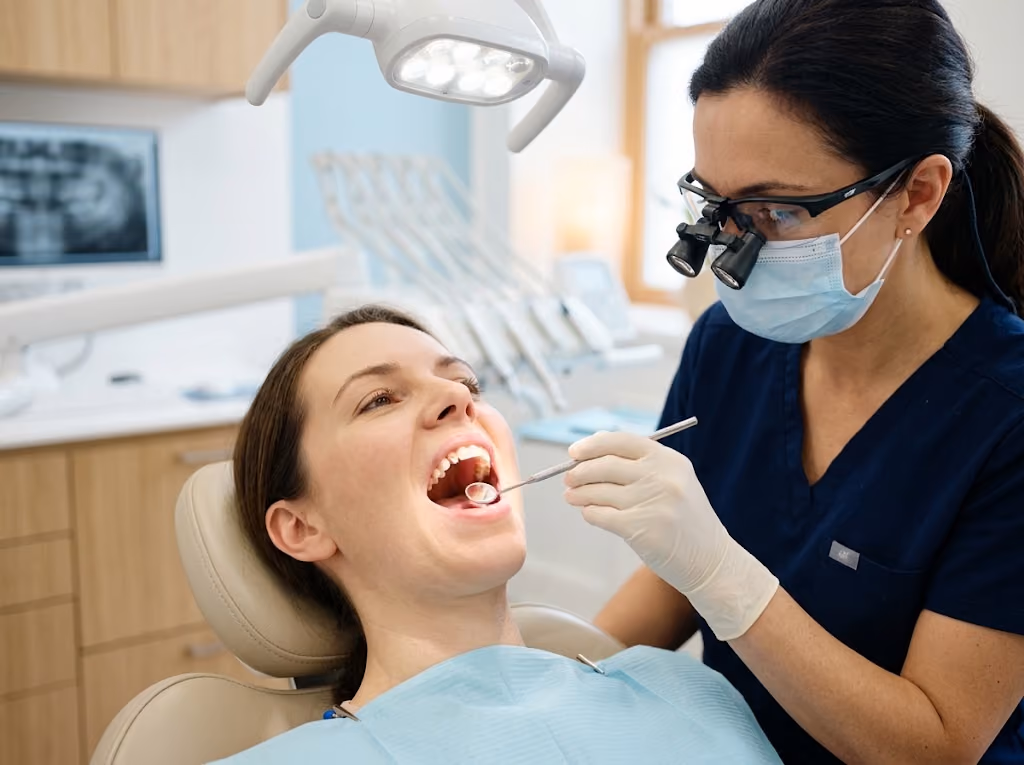 Dentist wearing protective glasses and a mask examining a patient's teeth during a dental checkup.