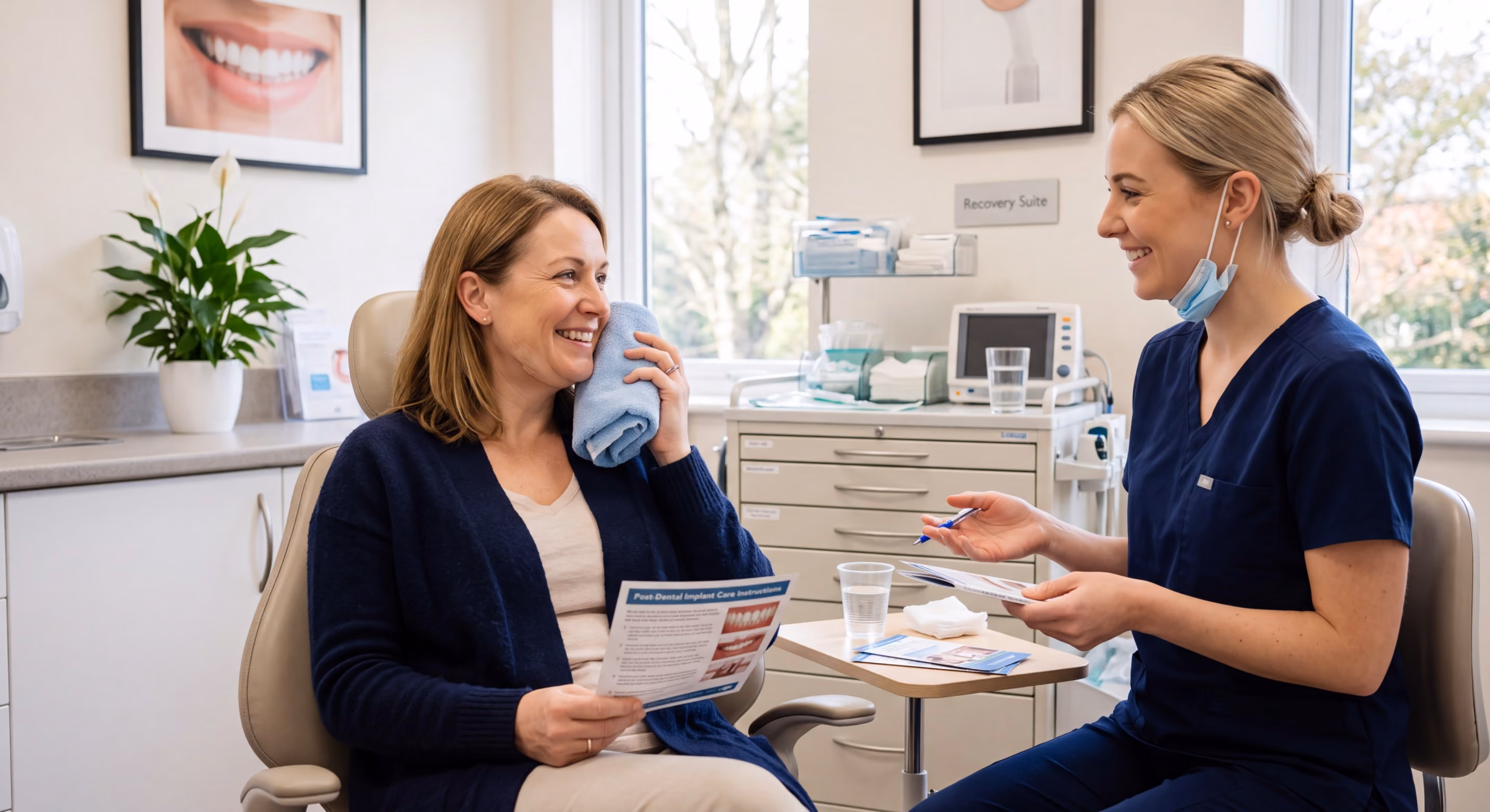 Female dental professional discussing a treatment plan with a seated patient in a bright dental clinic.